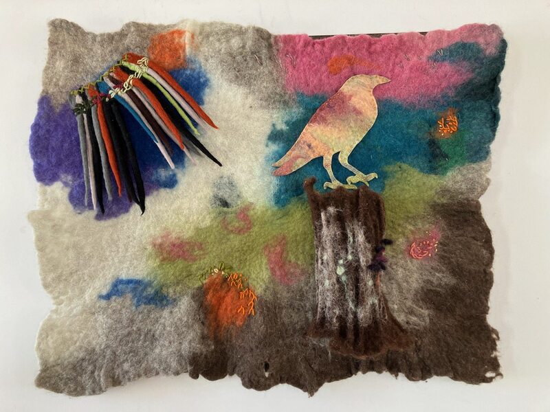 Crow on tree stump, wool felt, wet and dry felted, some embroidery 