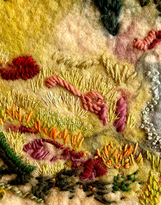 Detail of embroidered marsh scene, wet-felted wool and embroidery